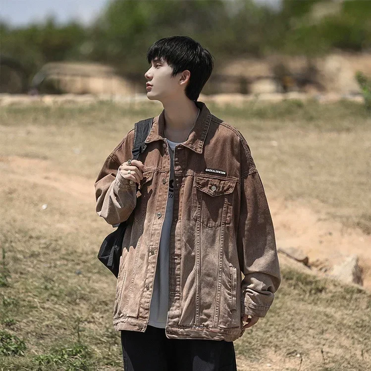 American Style Vintage Denim Jacket Street Fashion Men's Trendy Wash Distressed Gradient Oversize Brown Embroidery