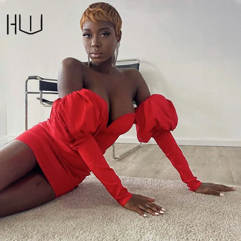 

Sexy Solid Color Wrap Chest Open Back Puff Sleeve Dress Off The Shoulder Long Sleeves Evening Dresses Short Luxury Vestidos