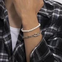 ingesight z stainless steel imitation pearl chain ot buckle bracelets for men 2pcsset punk bracelet unisex jewelry gifts