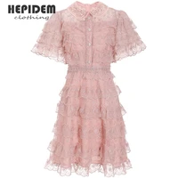 hepidem clothing pink fashion designer summer short dress women short sleeve patchwork flower lace vintage jacquard dress 7045