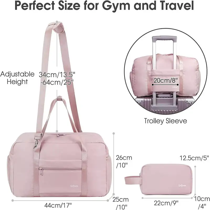 Elegant Chic Pink Sports Gym Bag, Weekender Overnight Shoulder Bags with Shoe Compartment, Travel Duffel Bag, Wet Pocket Yoga To