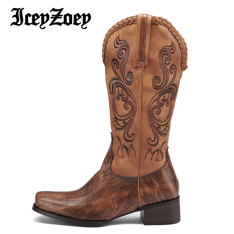 

IceyZoey Size 35-43 Long Boots For Women Mixed Color Square Heel Embroidery Winter Women Shoes Vintage Casual Female Footwear