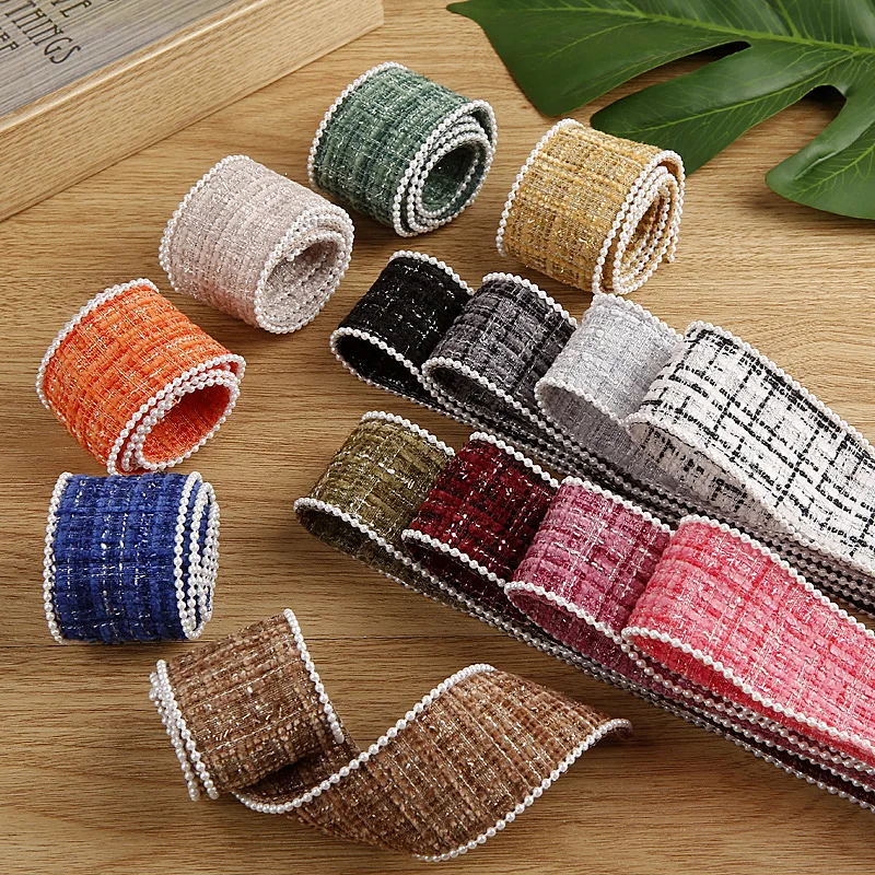 Cotton Linen Grid Tweed Ribbon With Pearl Beads 25mm 40mm Hair Accessories Material Patchwork Kids Bow Collar Handmade Crafts