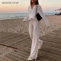 MIDNITE STAR Casual Women's Shirt Pleated Two Piece Set Green Loose Wide Leg Pants Suit Elegant Office Ladies Female Outfits