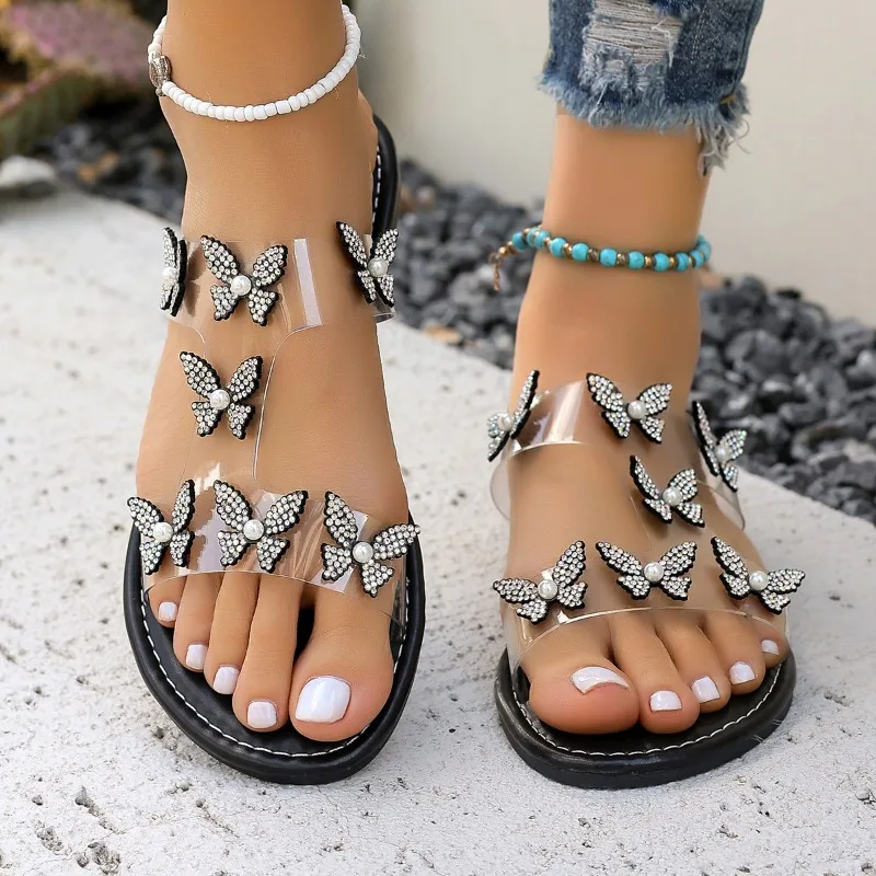 Женские тапочки с кристаллами и бабочками роскошные трендовые шлепанцы на