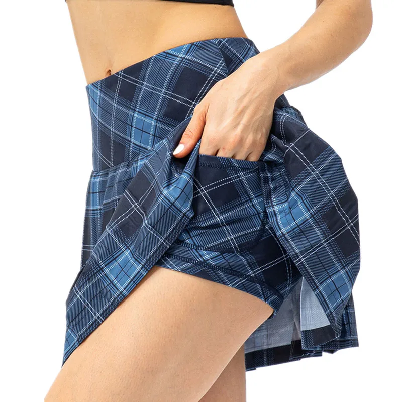 Women Sports Skorts Summer 2 In 1 Tennis Mini Pleated Skirts Plaid Fitness High Waist Athletic Golf Running Shorts With Pocket