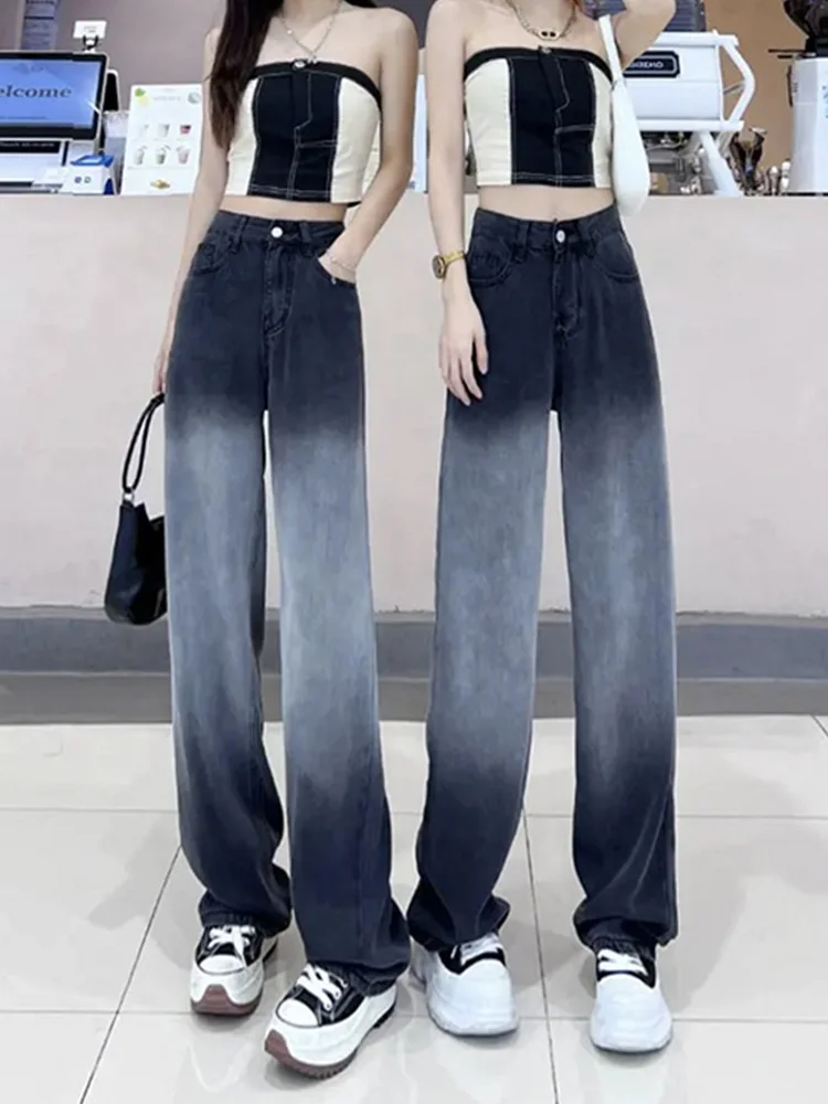

Black Gradient Sky Silk Jeans Women's Pants Summer Thin Ice Silk High Waist Straight Tube Drop Wide Leg Floor Sweeping Pants