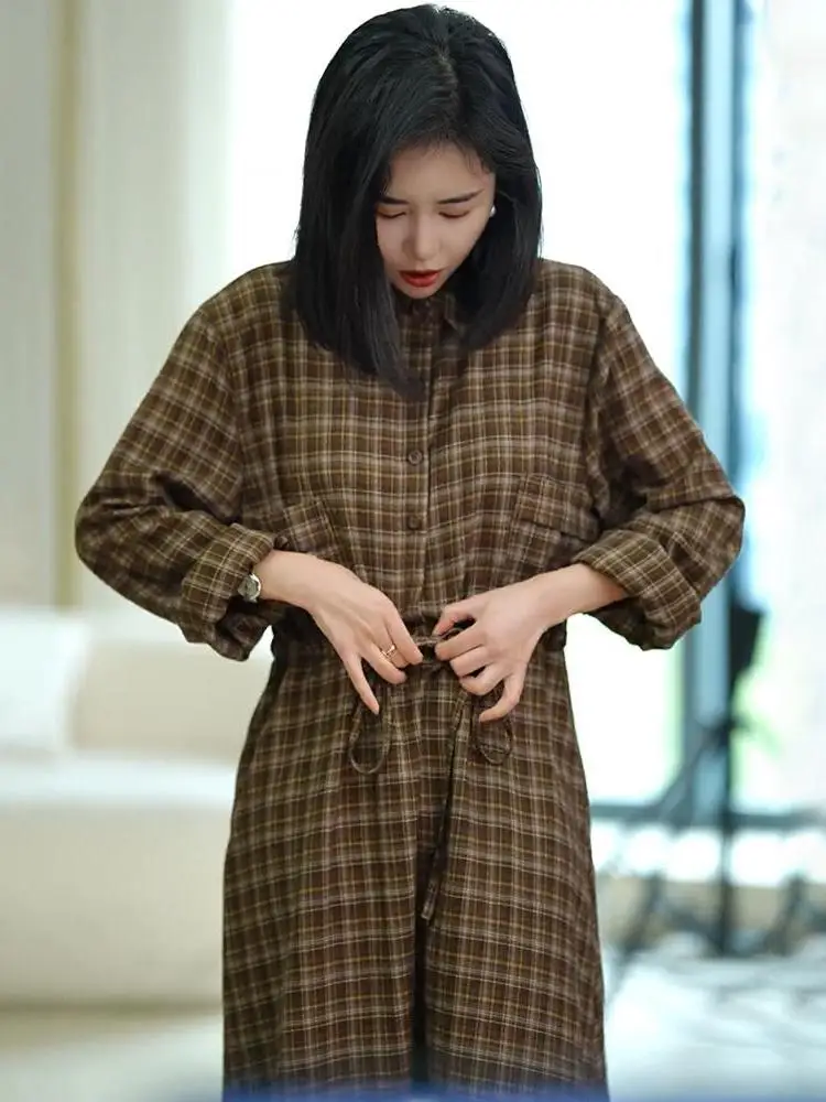 Рубашки Юбки Атмосфера Ретро Клетчатое платье с длинными рукавами