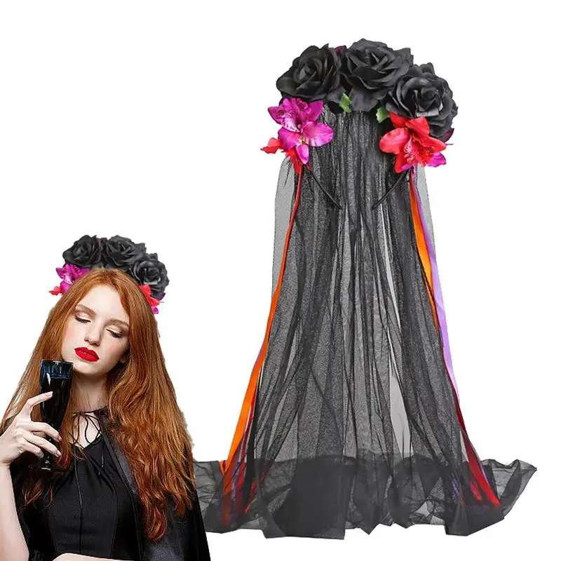 

Day Of The Dead Headpiece Costume Rose Mexican Flower Headband Costume Halloween Flower Headpiece Mexican Gothic Crown Veil Lace