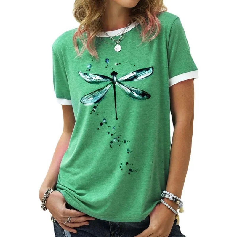 

Female Fashion Casual T-shirts Short Sleeve Dragonfly Print Women Daily Regular Streetwear Ladies Loose Graphic O-Neck Tees Tops