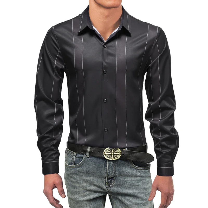 

New Trend Business Casual Men's Drape Loose Long-sleeved Shirt Striped Print Casual Shirt European Size