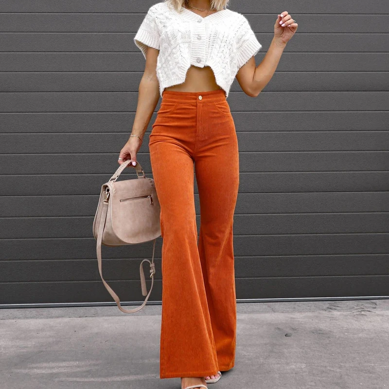 

Winter Casual Solid Flare Pants Women Elegant Brown Corduroy Fit Pants Office-lady Elastic Waist Trousers Pantalones Mujer 24341