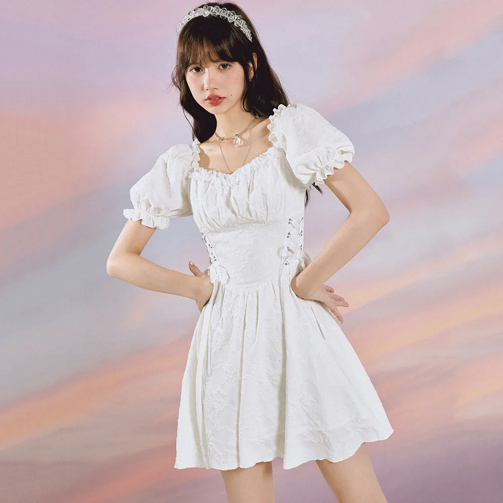 

Summer French Style Mini Party Women Dress Square Neck White Black Floral Jacquard Dress Puff Sleeve Bandage Chic Elegan Dresses