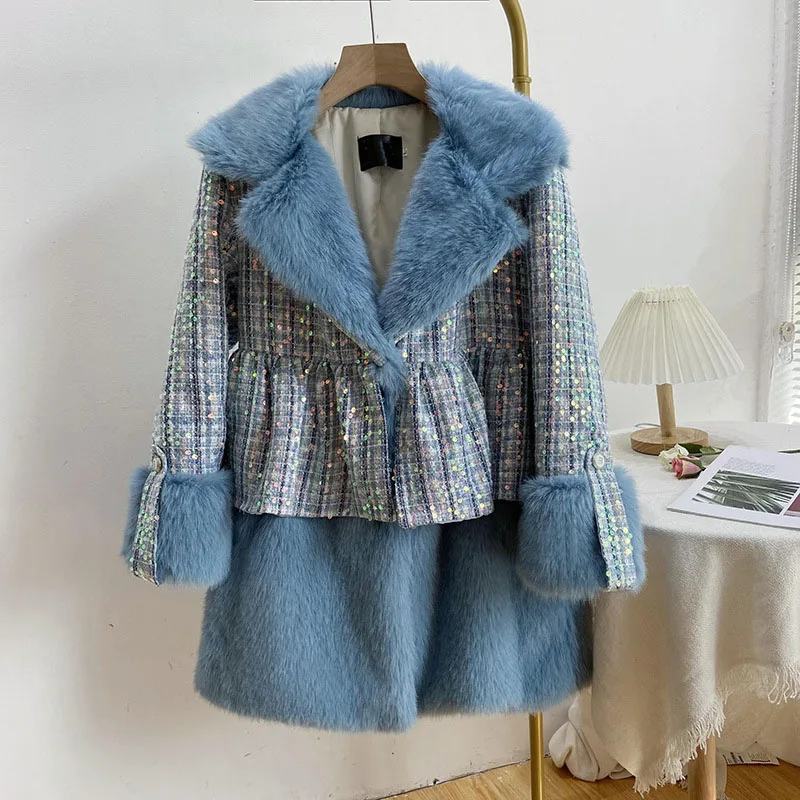 Faux Fur Coat Women 2022 Winter Patchwork Sequins Long Tweed Jackets Female Casual Elegant Loose Turn Down Collar Blue Outwear