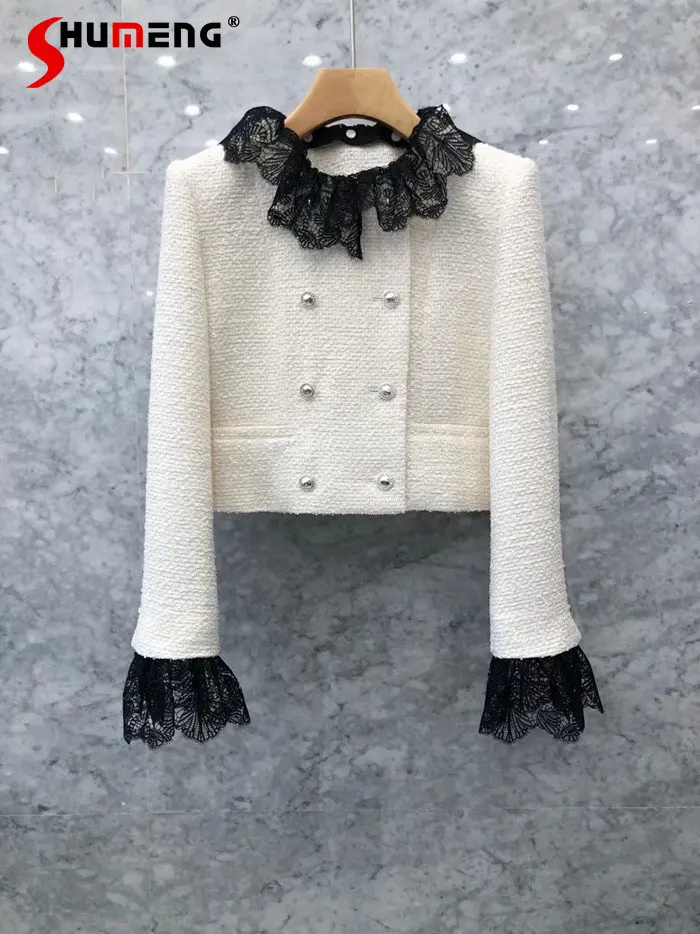 2022 Autumn New Fashion Sweet Solid Doll Lace Collar Short Tweed Coat Women's Elegant Office Lady Patchwork Round Neck Jacket