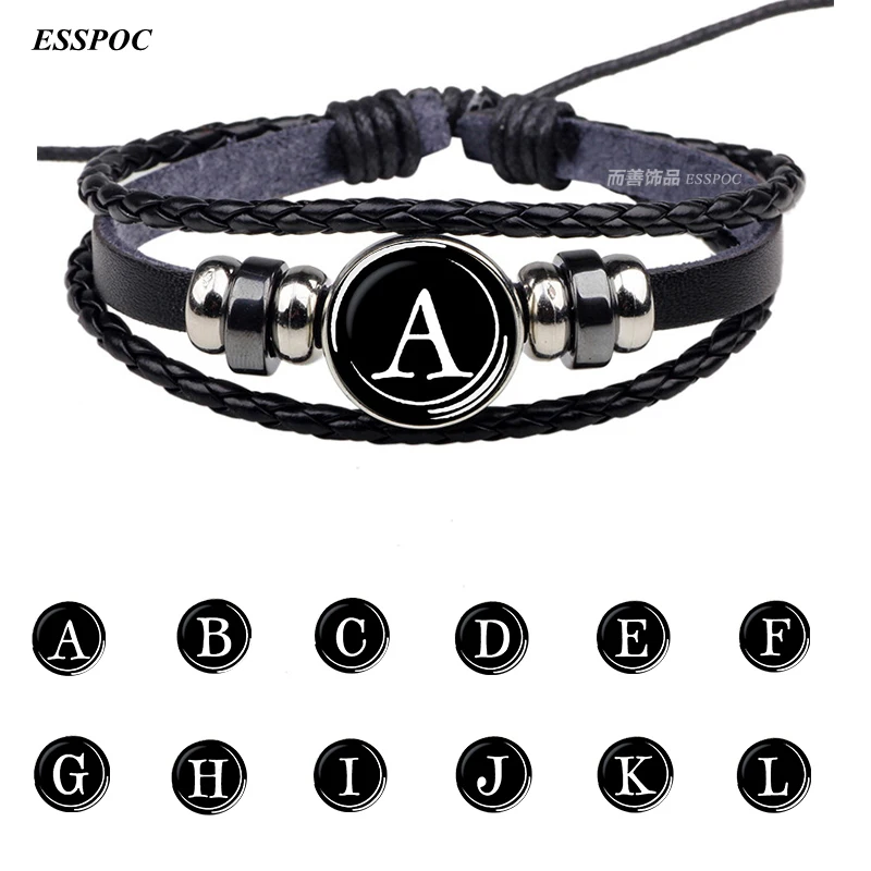 

26 Letters Bracelet Personality Team Name Rope Bracelet Black Leather Bracelet Button Bangle Men Women Fashion Birthday Gifts