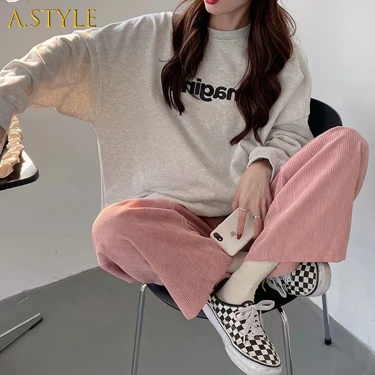 

A GIRLS Casual Pants Womens Winter Corduroy Korean Style Wide Leg High Waist Trousers Pink Simple Warm Fashion Chic Full Daily