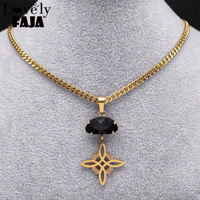 

Goth Witch Celtic Knot Crystal Pendant Necklace Chokers for Women Stainless Steel Black Glass Statement Necklaces Jewelry N3563