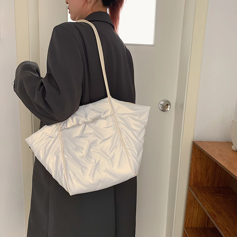 Silver Shoulder Bags For Women Winter Soft Padded Bag Shopper Eco Bag Korean Large Capacity Crossbody Bag Warm Big Tote Handbag