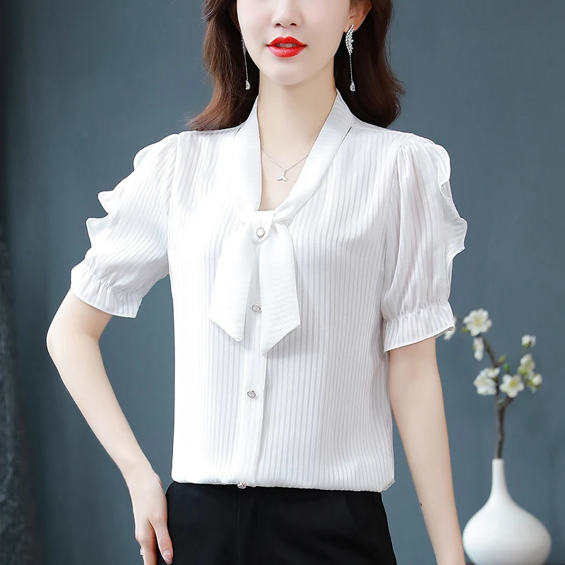 

Thin (Summer) New Design Silk Satin Women Shirts Blouses Office Lady Scarf Collar Bow Striped Puff Sleeve Fashion Blouses