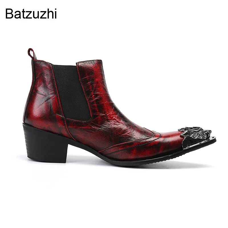 Batzuzhi Модные мужские ботинки на высоком каблуке 6 см винно-красные ботильоны из