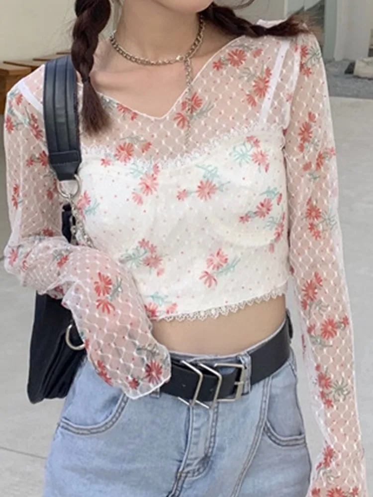 

Yedinas Korean Style T-shirt Women Long Sleeve Floral Print Mesh Tops V Neck See Through Transparent Tee Tops E-girls Tops New
