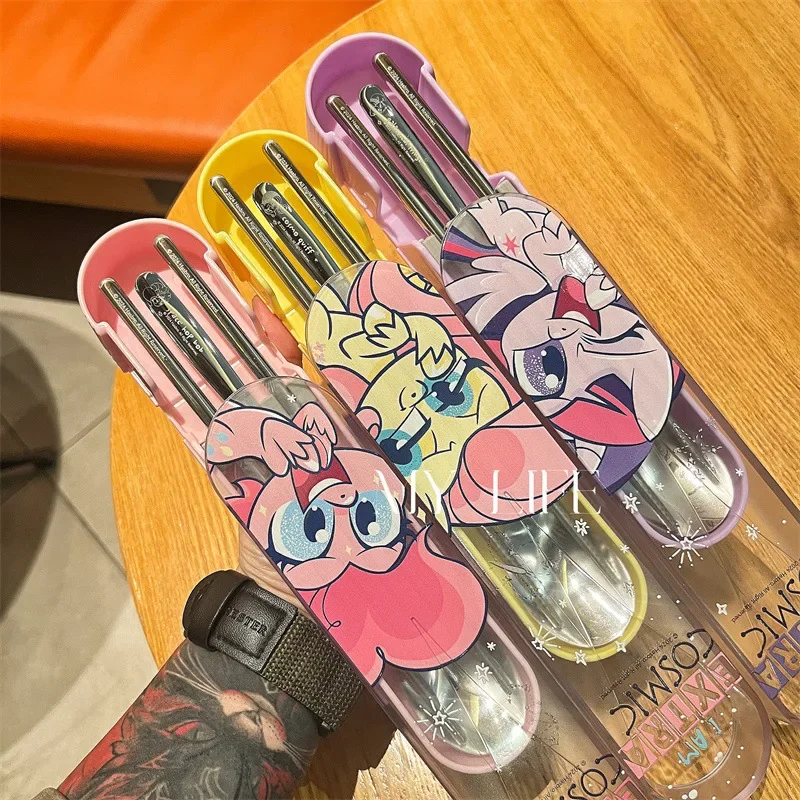 Фото Мой маленький пони, аниме 304, детская посуда из нержавеющей стали, Pinkie Pie, офисный работник, портативный ланч-бокс, ложка, набор палочек для еды, подарок №2