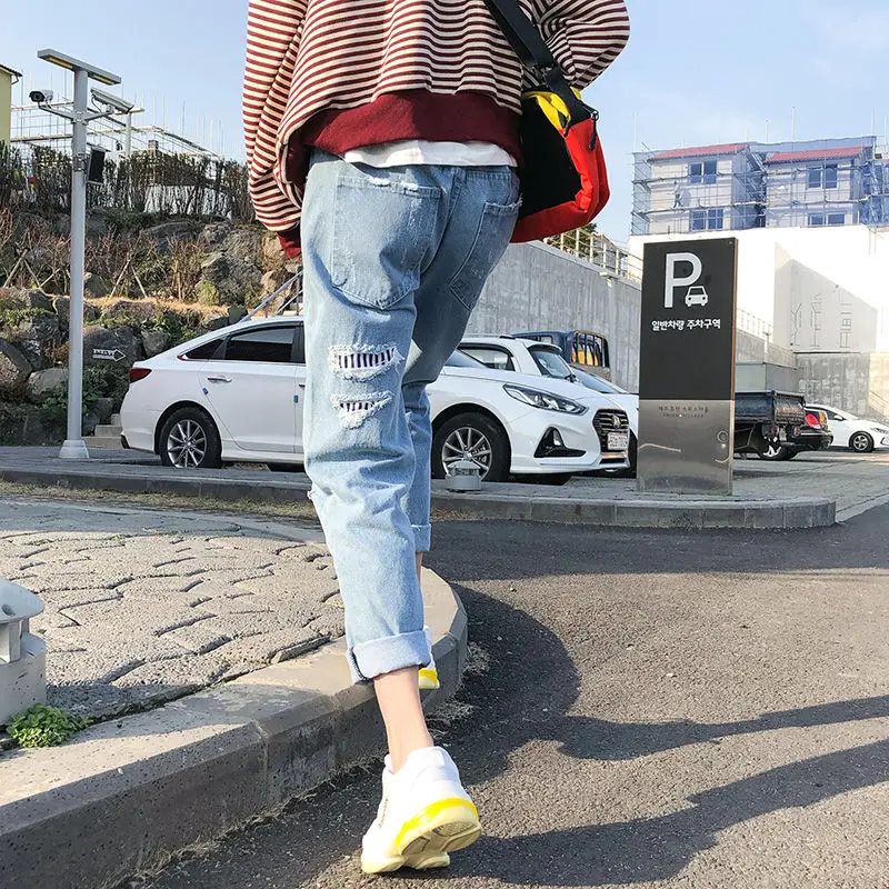 Summer Ripped Jeans Men's Loose Casual Student Versatile Cropped Pants Korean Style Trendy Light Color Pants Men's and Women's T