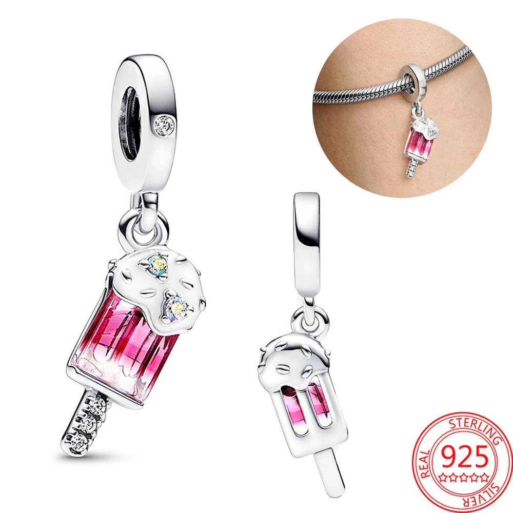 

Crystal 925 Sterling Silver Pavé Zircon Pink Glass Enamel Popsicle Ice Candy Charm Fit Pandora Bracelet DIY Cute Jewelry Gift