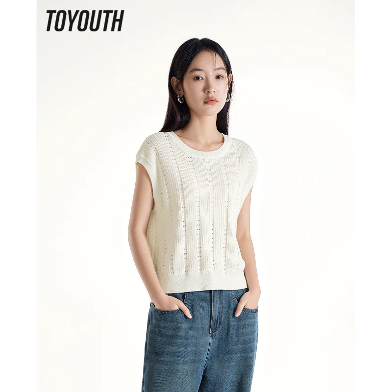 

Toyouth Women Knitted Vest 2023 Summer Sleeveless Round Neck Stretch Loose T-shirt Cool Fabric Hollow Out Casual Chic Tops