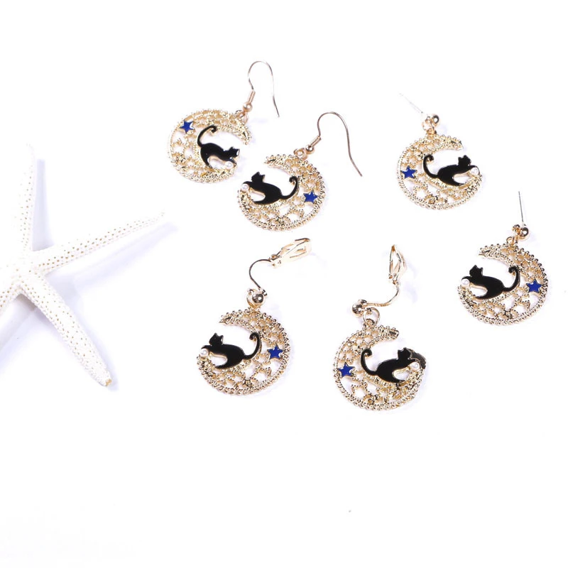 

Fashion Cartoon Cute Earrings Starry Sky Cat Ear Clip Color Star Moon Hollow Earrings