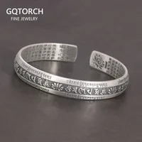 Real 999 Pure Silver Cuff Bangle Engraved Heart Sutra Six-character Mantra Retro Lovers Men's and Women's Bracelets Open Type
