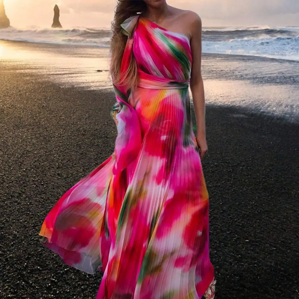 

Женское длинное платье с цветочным принтом, элегантное платье без рукавов с широким подолом и радужным принтом