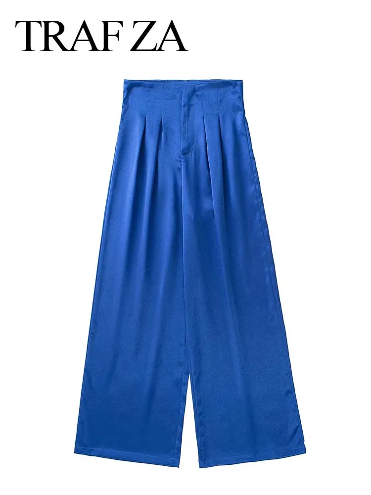 

TRAF ZA Fashion Women's Office Trousers Solid Color Blue High Waist Leg Pants Zipper Simple Satin Commuter Street Everyday Wear
