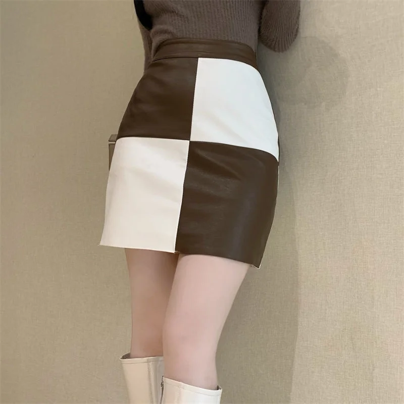 

Super Fire Mini Sexy Pack Hip A-line Skirt Women Korean Fashion Wild High Waist Skirt Checkerboard Grid Patchwork PU Skirts New