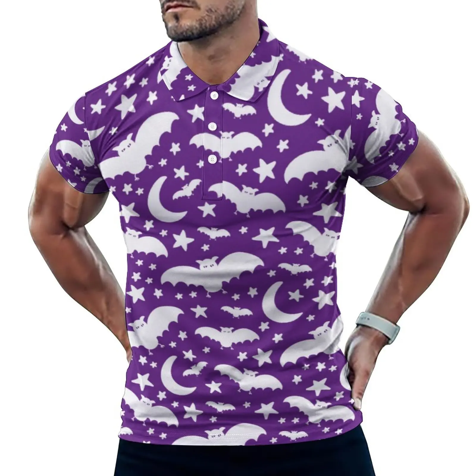 

Повседневные футболки с принтом на Хэллоуин, рубашки-поло с фиолетовыми летучими мышами, Мужская модная рубашка, летняя одежда с графически...