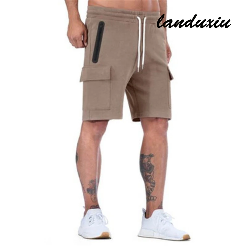 

Новинка 2022, облегающие хлопковые мужские шорты для фитнеса, эластичные шорты с карманами для бега, спорта, отдыха, тренировок landuxiu