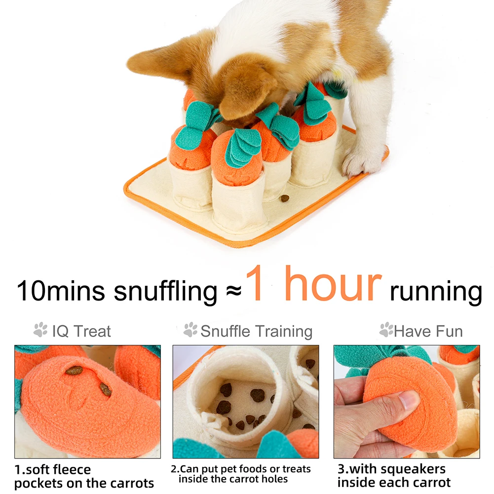 

Dog Plush Carrots Toy with Squeaky Nose Training Snuffle Mat Hide Chew Puzzle Interactive Toys Cat Puppy Slow Feeder Stress