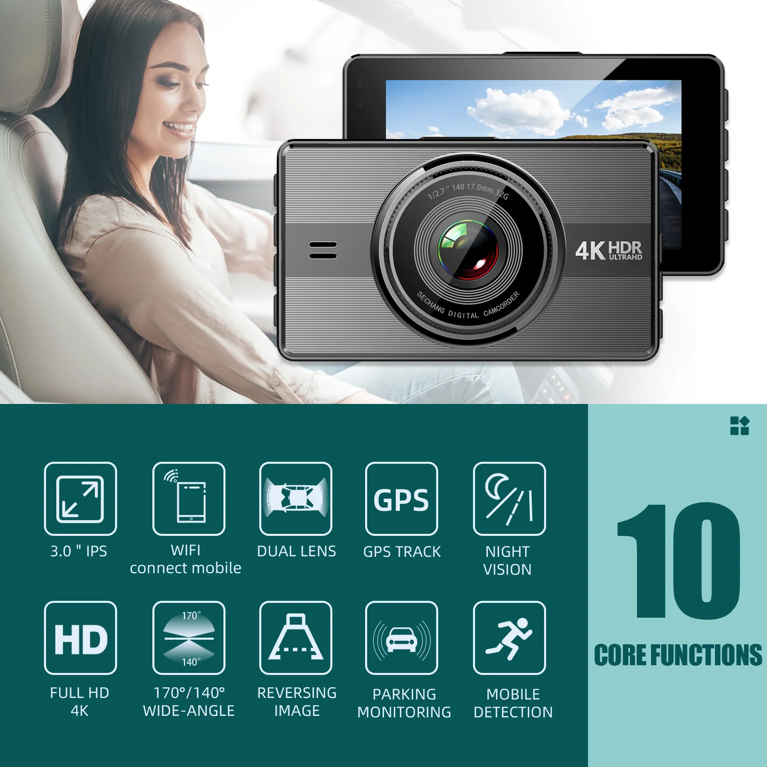 

Автомобильный видеорегистратор 4K 3840*2160P Super HD WiFi, Автомобильный видеорегистратор заднего вида, монитор парковки, ночное видение, GPS-трекер, G-...