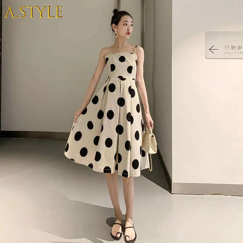 

A GIRLS Dress Women A-line Casual Tender Ladies Folds Elegant Dot Sleeveless Classy Spaghetti Strap Sexy Girl Fashion Dating New