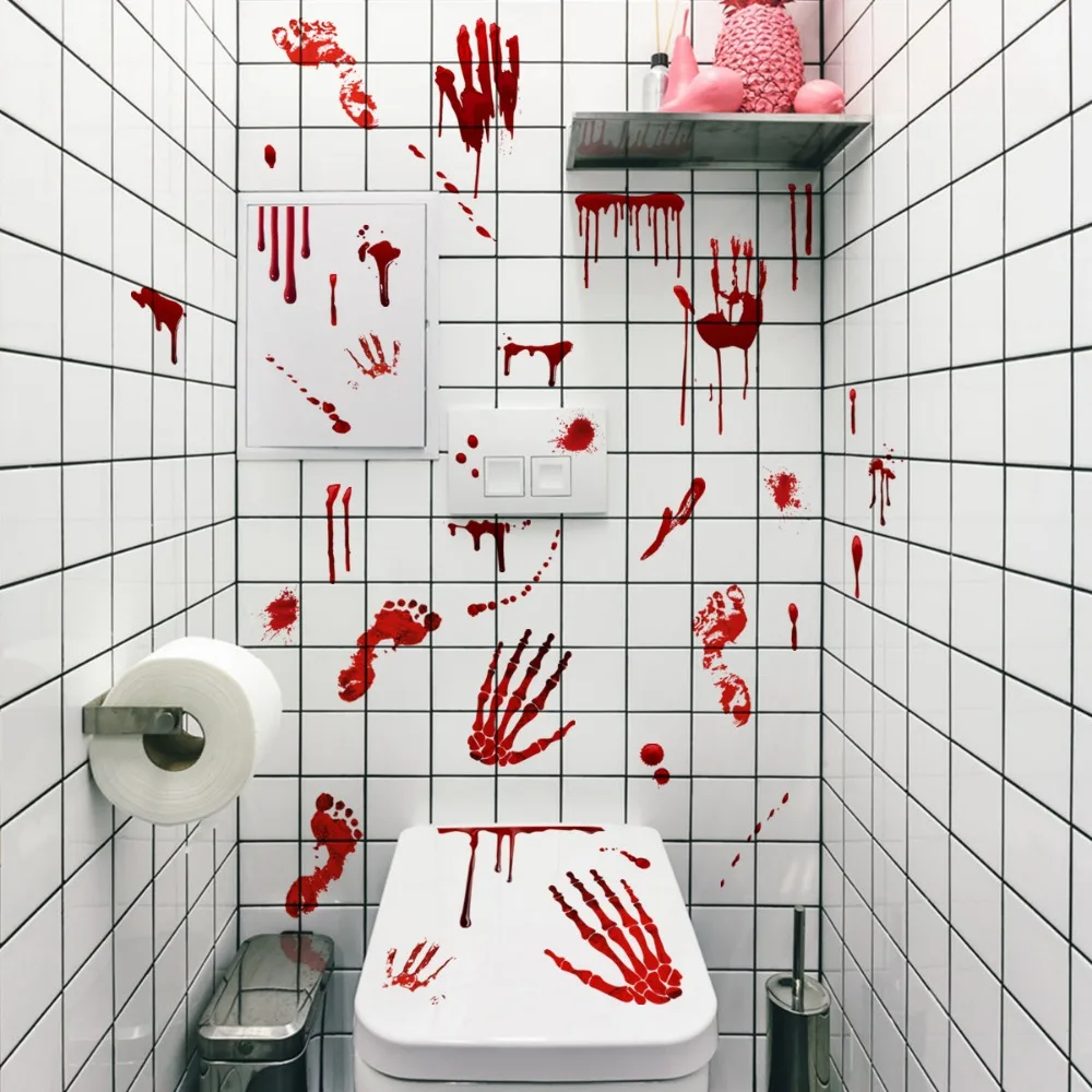 

Horror Halloween Decor Stickers Bloody Handprint Footprints Bloodstains Female Ghost Door Sticker Decal Halloween Party Supplies