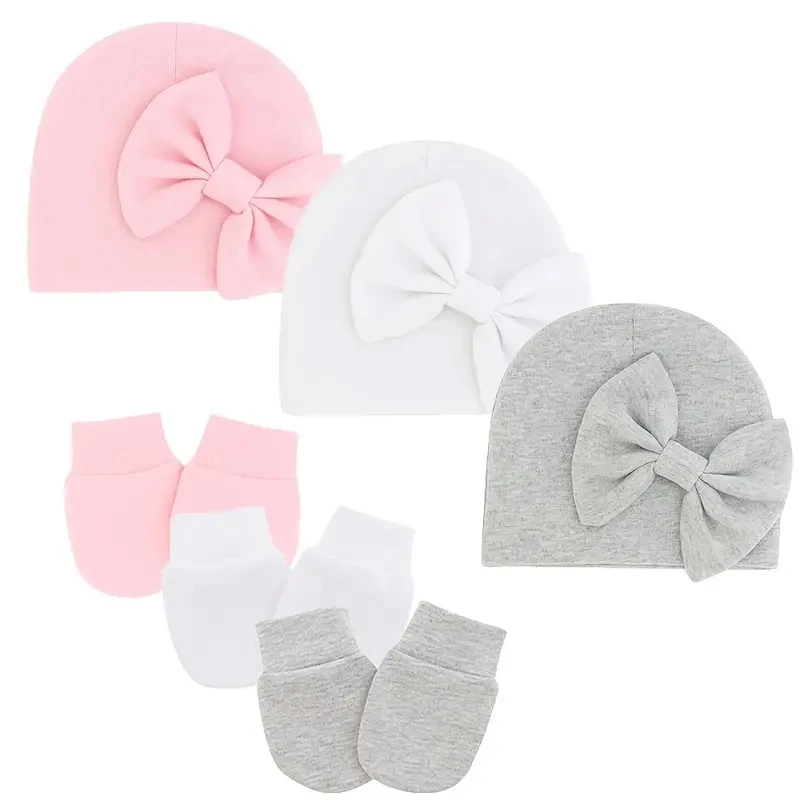 

Baby hat with bow newborn hat and mitten set 3sets Baby Boys And Girls Cute Bow Cap & Mittens Gloves Set