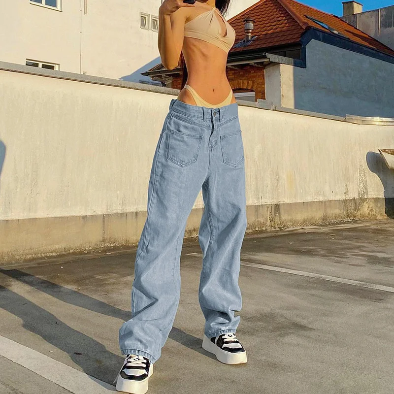Women's Casual Wide Leg Long Front Pockets Light Blue Denim Pants 2023 Baggy Jeans New High Waist Loose Pants Streetwear Female