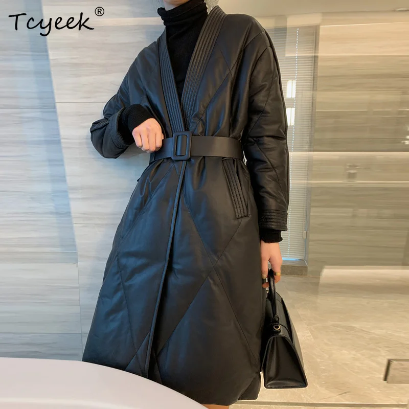 

Sheepskin Leather Down Jacket Women's Medium and Long High Quality Black V neck Belt Diamond Lattice Genuine Leather Coats