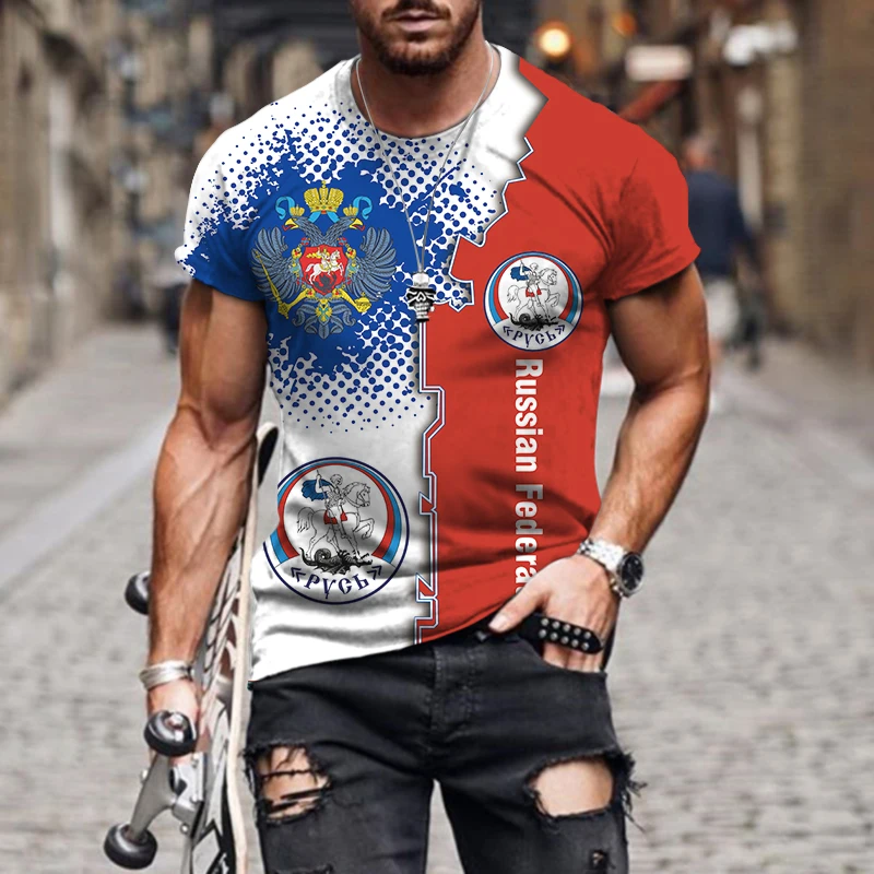 

3D Printed Russian National Emblem Men's T-Shirt Retro Printed Flag Short Sleeve Harajuku Top New Oversized Shirt Men's Clothing