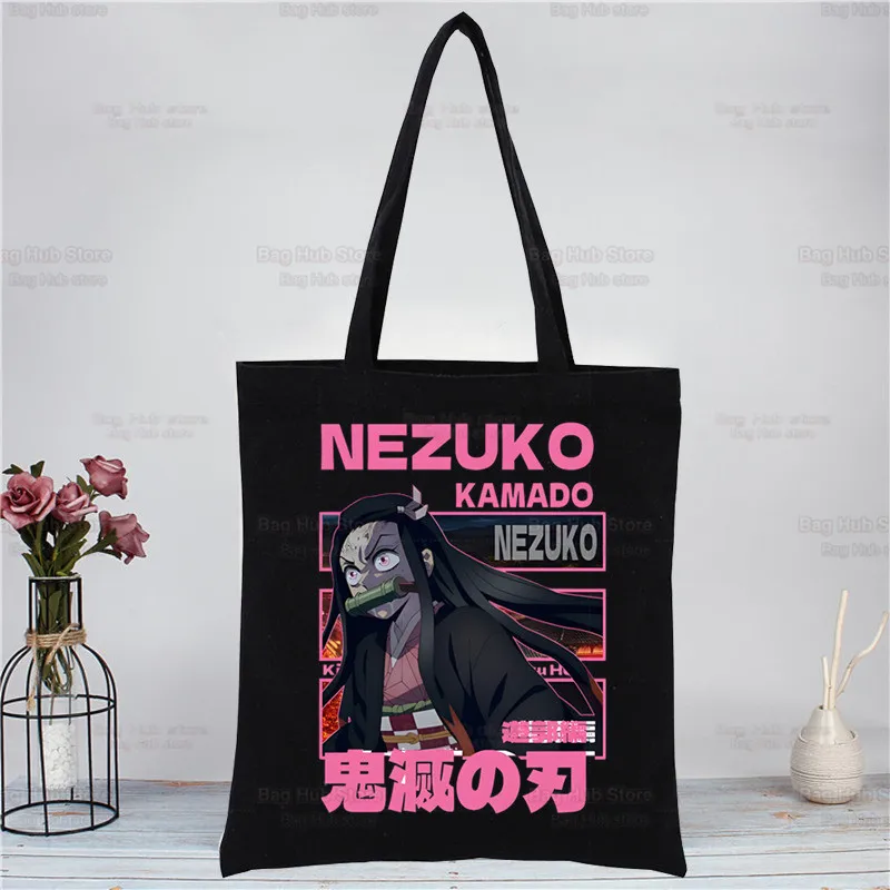 

Anime Demon Slayer Kamado Nezuko Y2k Kawaii Tote Bag Shopping Black Unisex Travel Canvas Bags Eco Foldable Shopper Bag