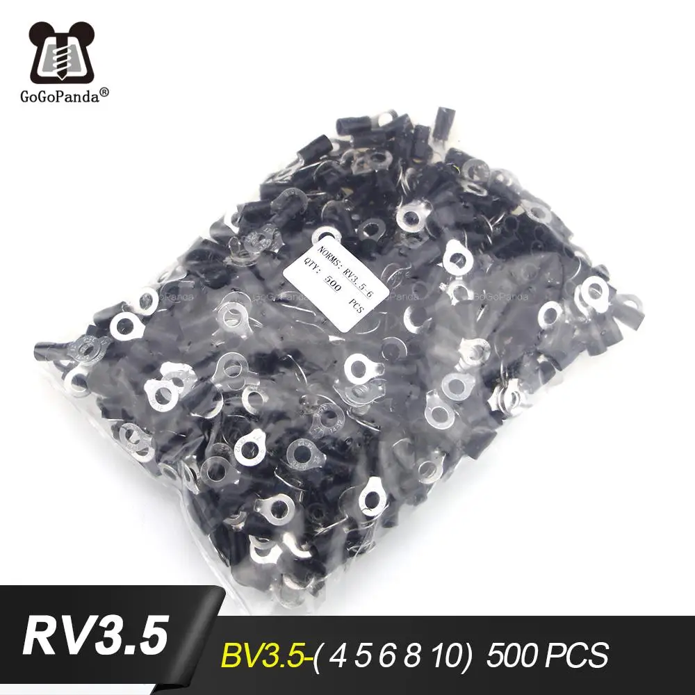 500 piezas RV3.5-(8 10 4 5 6), Terminal de crimpado de Cable aislado de anillo negro, traje de 2,5-4mm 14-12, conector de Cable AWG
