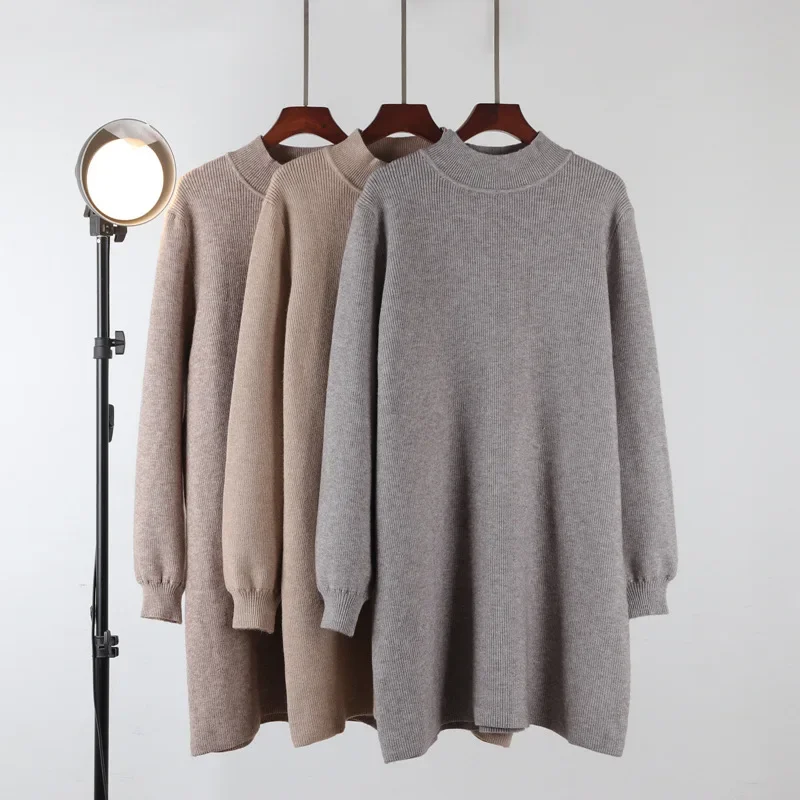 

Winter Warm Thickened Sweater Dress Korean Turtleneck Long Knitted Dress Women Loose Straight Long Sleeve Sweater Base Shirt