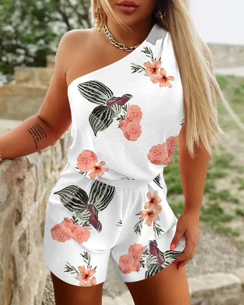 

2022 New Women Casual White Floral Print One Shoulder Romper Playsuits Polyester Plants Sleeveless Above Knee