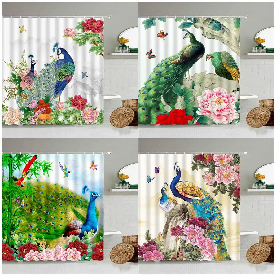 

Занавески для душа Peacocks, зеленые бамбуковые пионы, цветы, Бабочка, синие, Зеленые перья, ткань в китайском стиле с птицами, наборы для декора ...